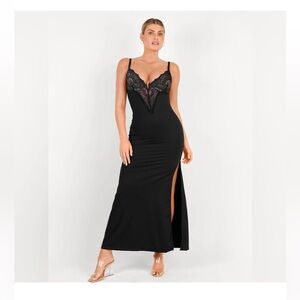 Lace-Detail Black Maxi Slip Dress with Side Slit